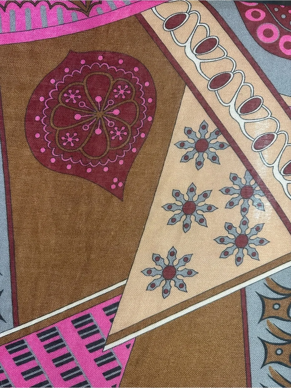 Geometric Boho Scarf Wrap Shawl with Fringe Brown Cream Pink Blue 72” x 36”